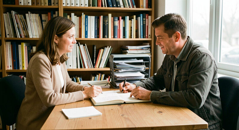 An adviser and a shop owner talking over a ledger at a small office desk, shelves of files behind them.