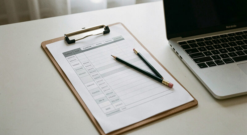 A clipboard with a printed cashflow sheet, a pencil and a laptop edge on a plain desk.