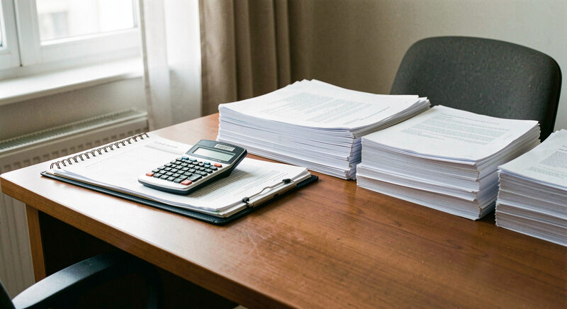 A desk with a calculator, a folder of paperwork and two neat stacks of documents side by side.