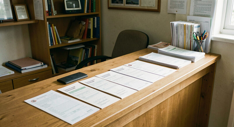 A wooden counter with a neat row of printed leaflets and forms in a small advice office.